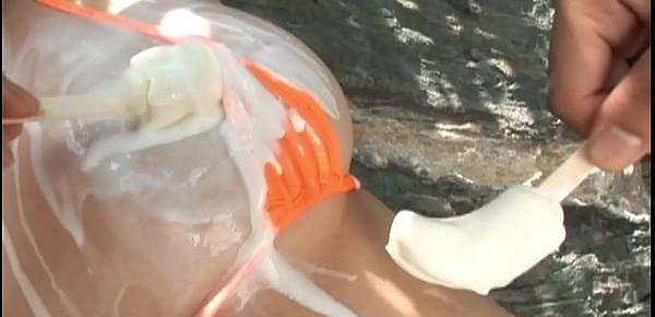  Sakura Aoi Micro bikini orange legs,ass-fetish Bar with ice and shower image video solo